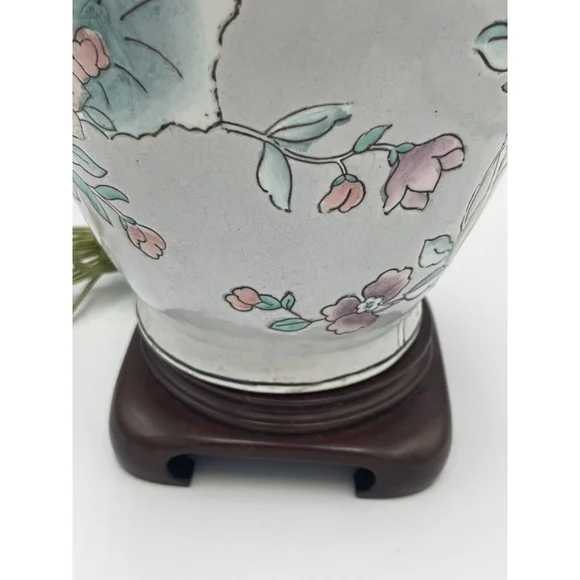 VTG Asian Blue Floral Ginger Jar Ceramic Table Lamp Painted Flowers 18” No Shade